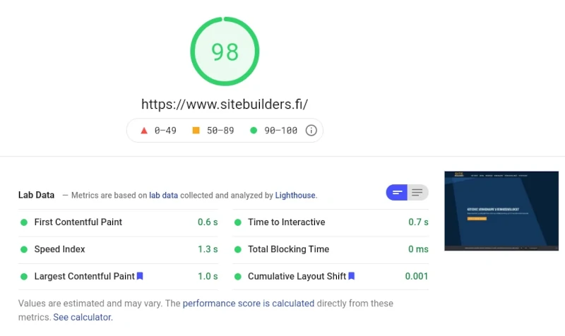 Google PageSpeed Insights raportti